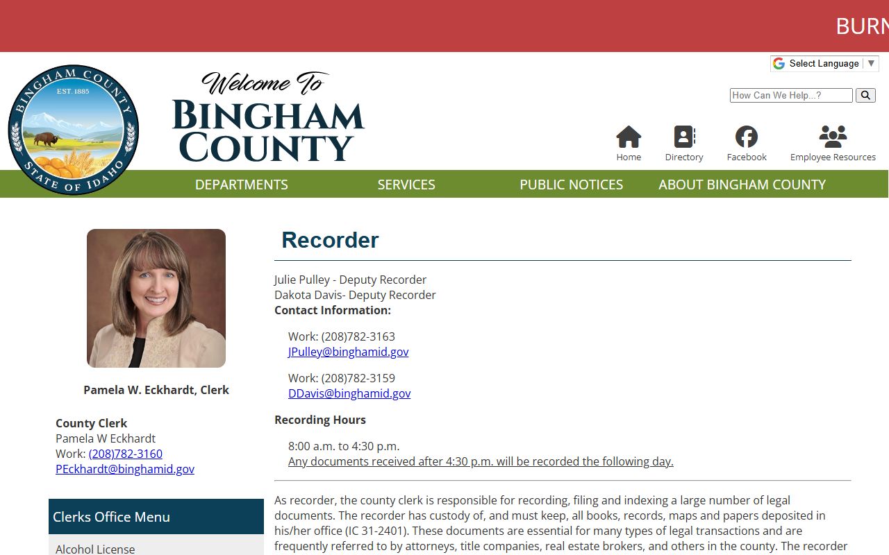 Bingham County clerk of court recorder duties and fees