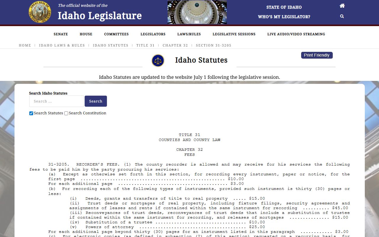 Bingham County clerk of court Idaho recorder fee statute