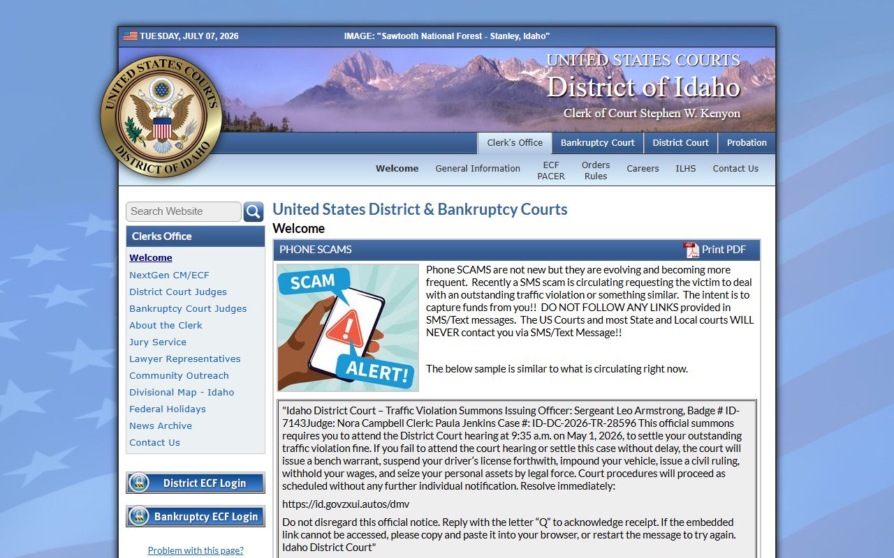 Bingham County clerk of court federal court distinction