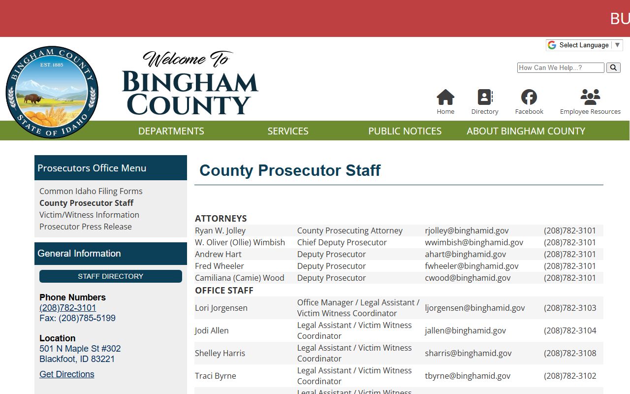 Bingham County arrest records prosecutor staff and court charges