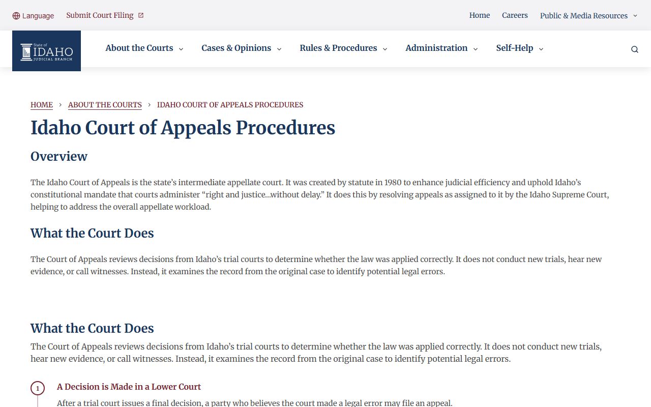 Bingham County court dockets Idaho Court of Appeals procedures