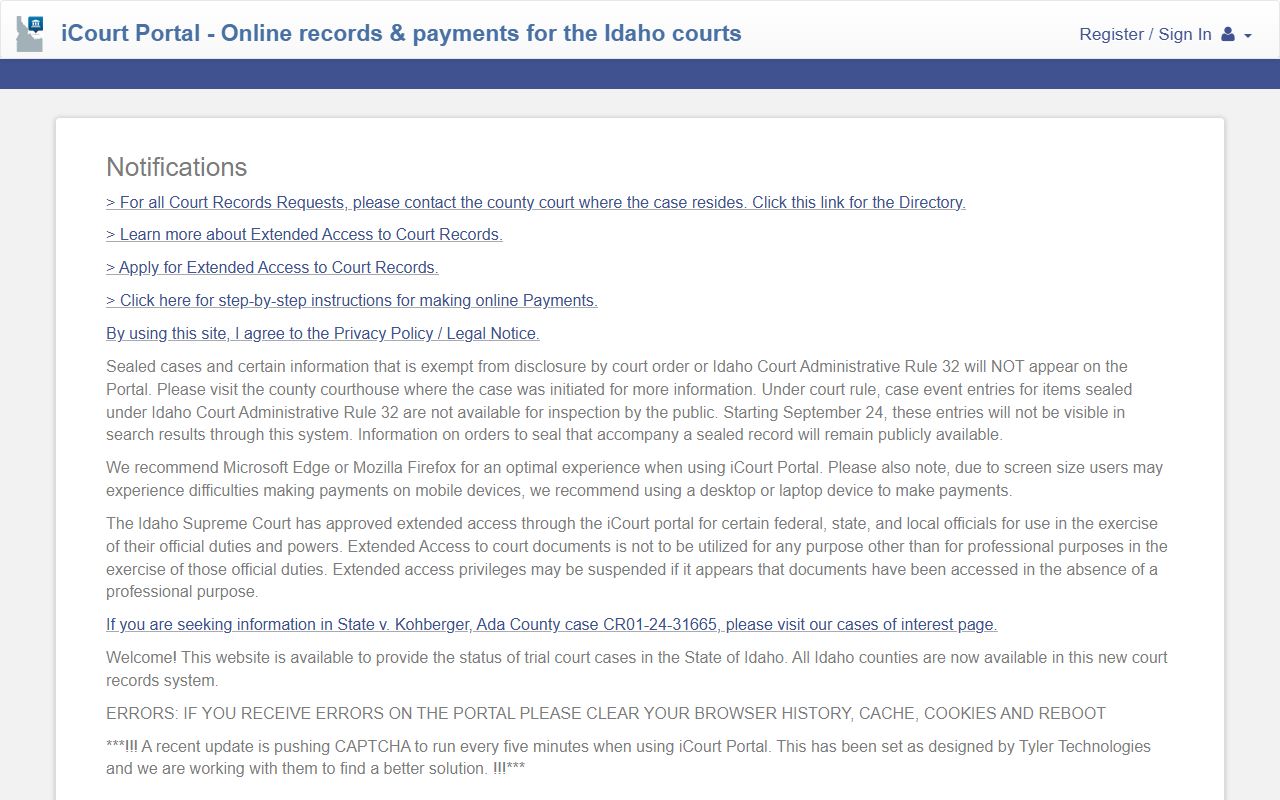 Bingham County court records iCourt portal landing page
