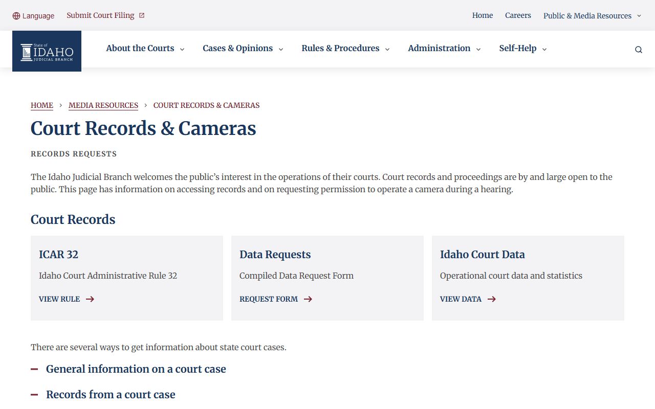 Bingham County court records Idaho Judicial Branch records guidance