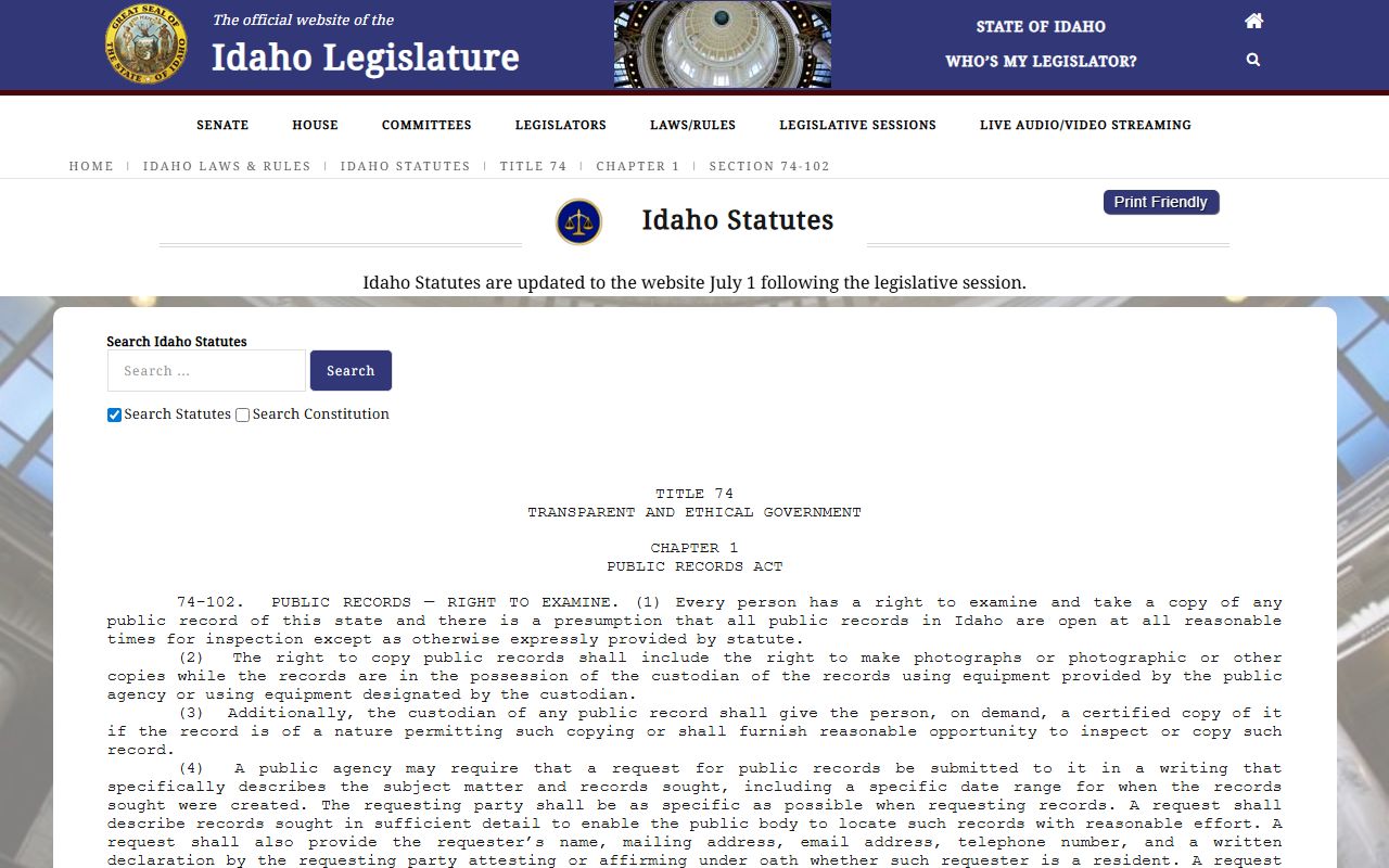Bingham County criminal court records Idaho public records right to inspect and copy