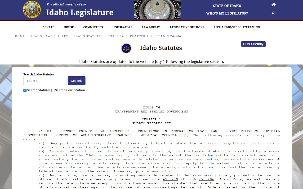 Bingham County criminal court records Idaho public record exemptions
