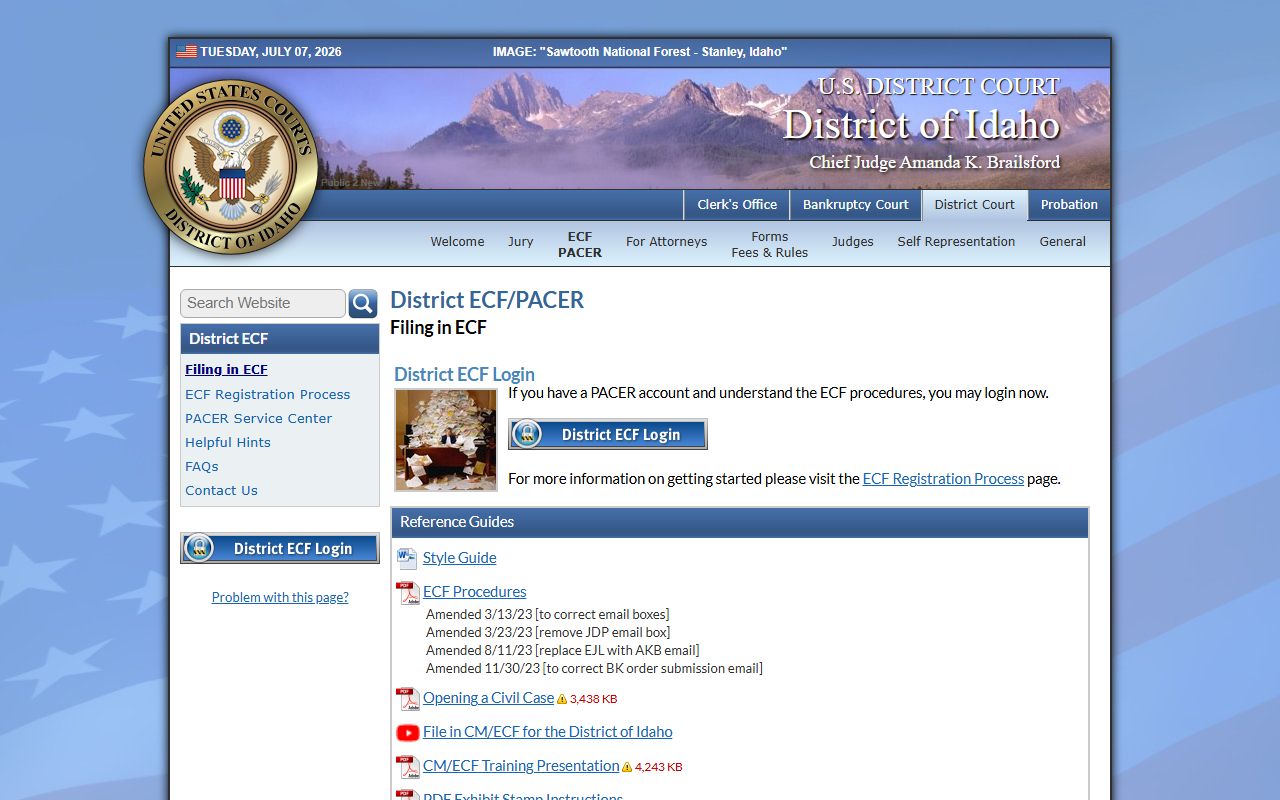 Bingham County District Court District of Idaho ECF and PACER page