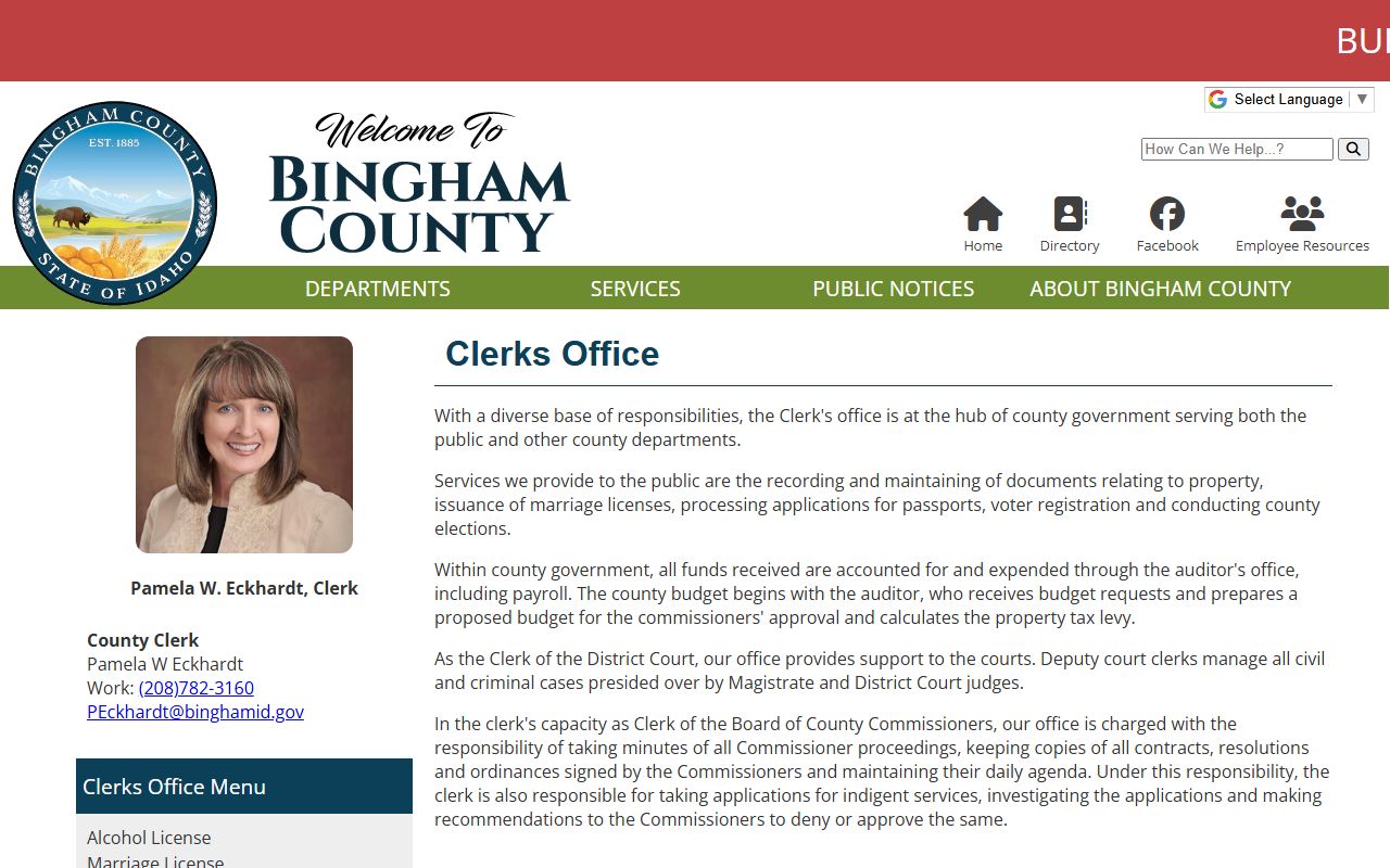 Bingham County court records Clerk of the District Court and County Clerk page