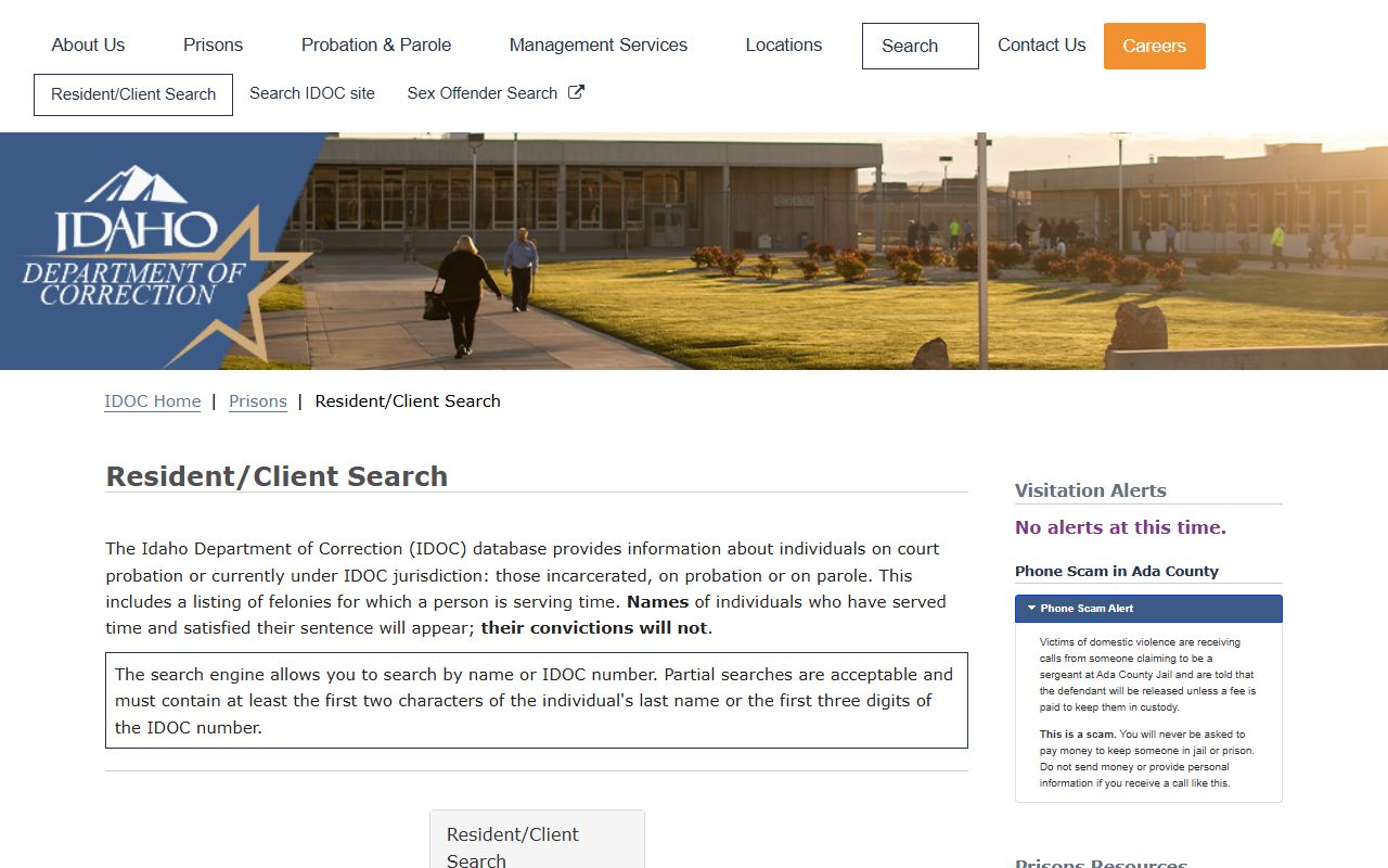 Bingham County inmate records Idaho Department of Correction resident client search