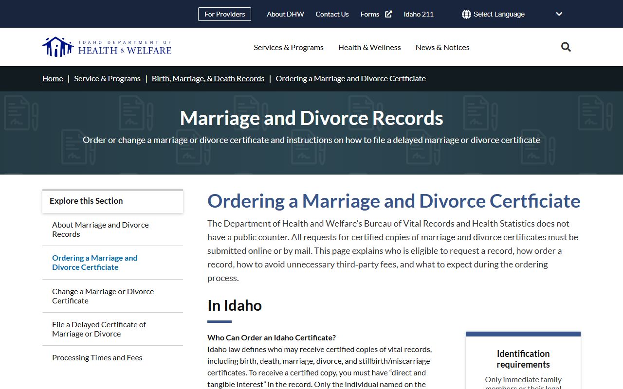 Bingham County marriage and divorce records Idaho vital-record ordering