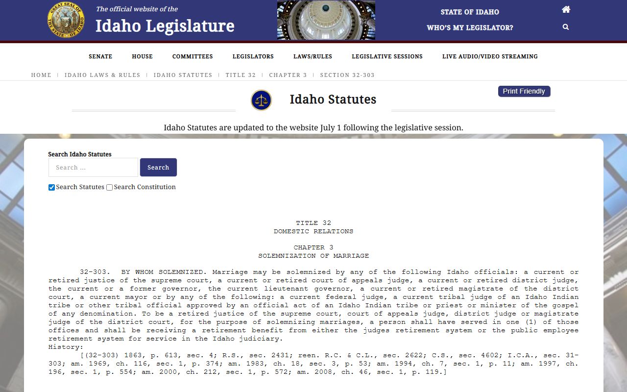 Bingham County marriage and divorce records Idaho officiant statute