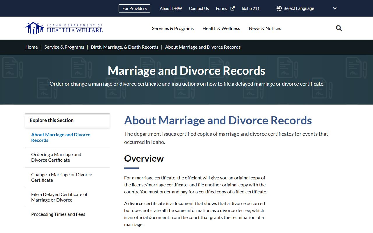 Bingham County marriage and divorce records Idaho certificate rules