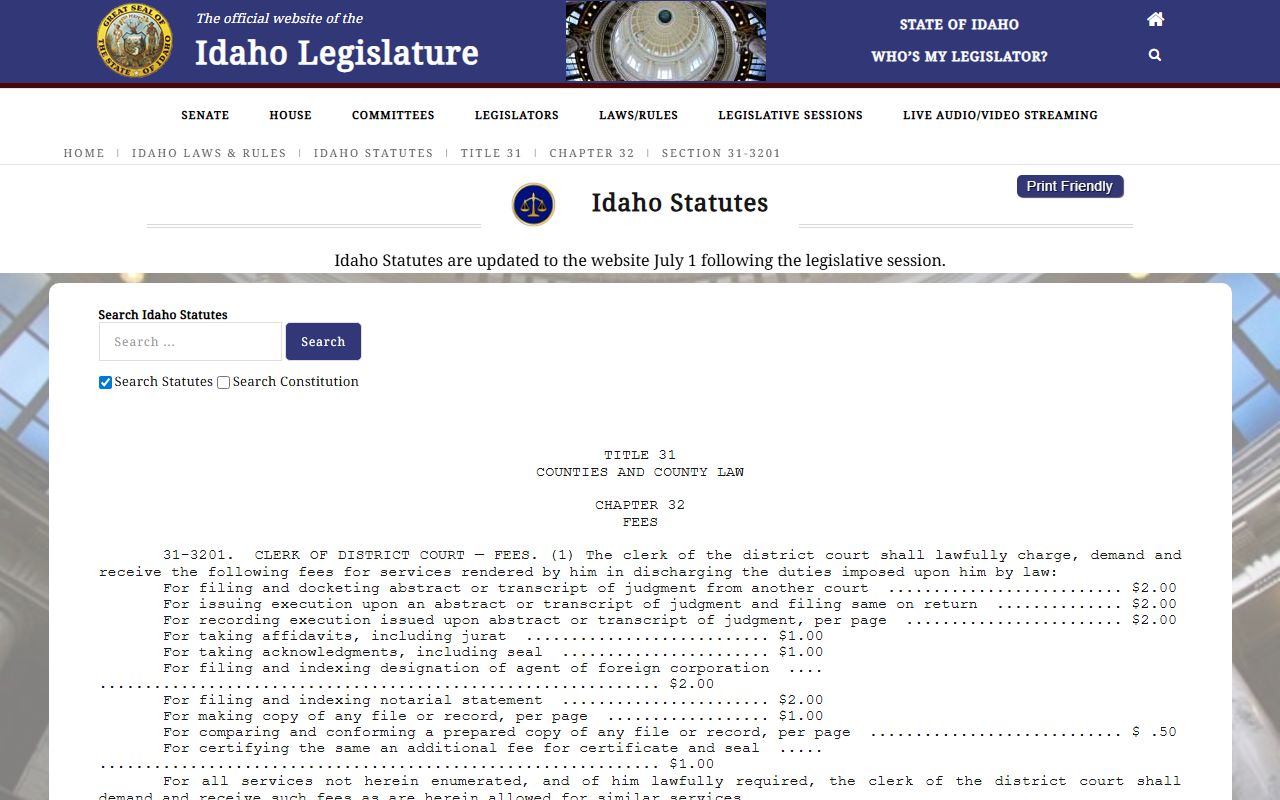 Bingham County probate records Idaho clerk fee statute