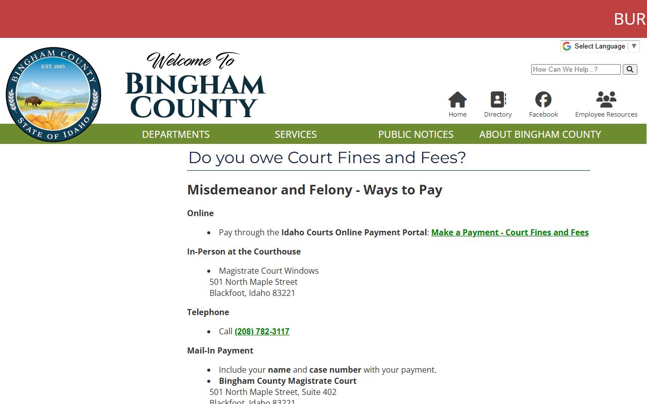 Bingham County traffic court records court fine payment options