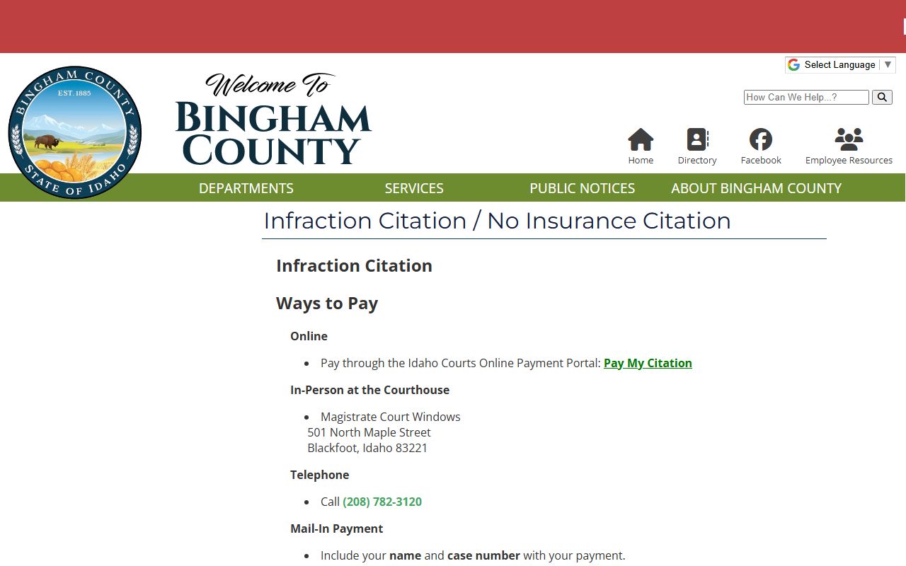 Bingham County traffic court records official citation payment and contest instructions