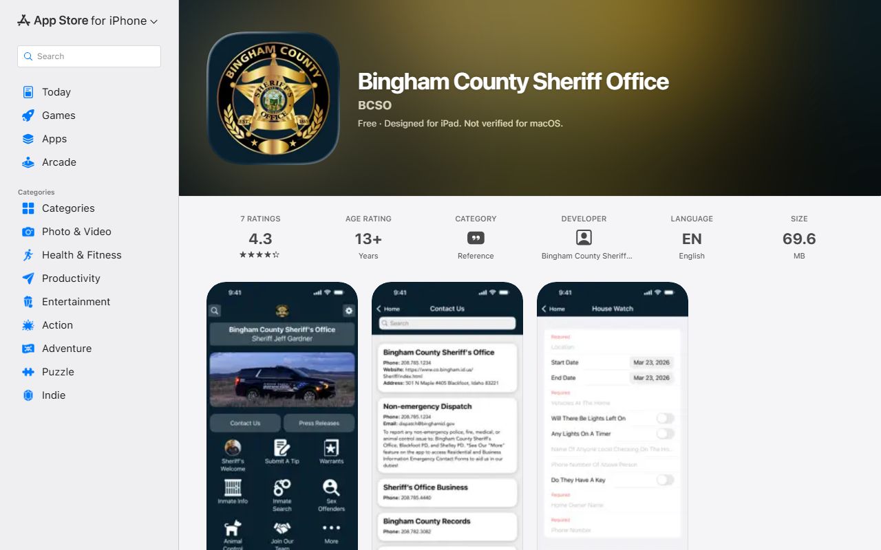 Bingham County warrant records Apple Sheriff app listing