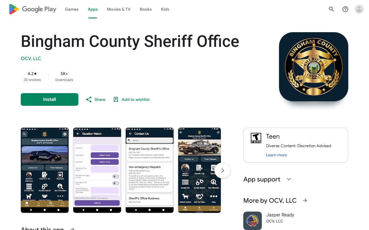 Bingham County warrant records Google Play Sheriff app listing